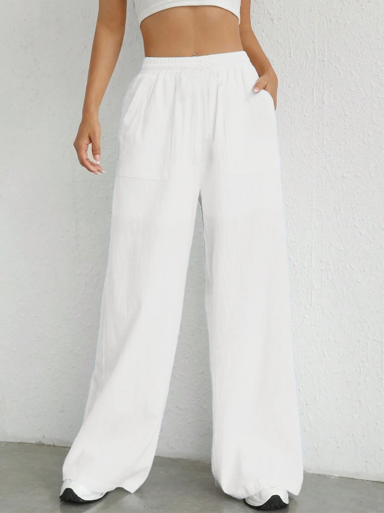 Damen-Hose in Unifarbe, lockere Hose mit weitem Bein, lässige Hose mit Kordelzug, gerade Hose mit Taschen, lässige Hose, lockere Hose mit hoher Taille