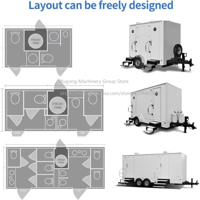 Trailer de Banheiro Móvel para Eventos ao Ar Livre, Trailer Sanitário Premium com Tanques de Água Limpa e Esgoto Completos