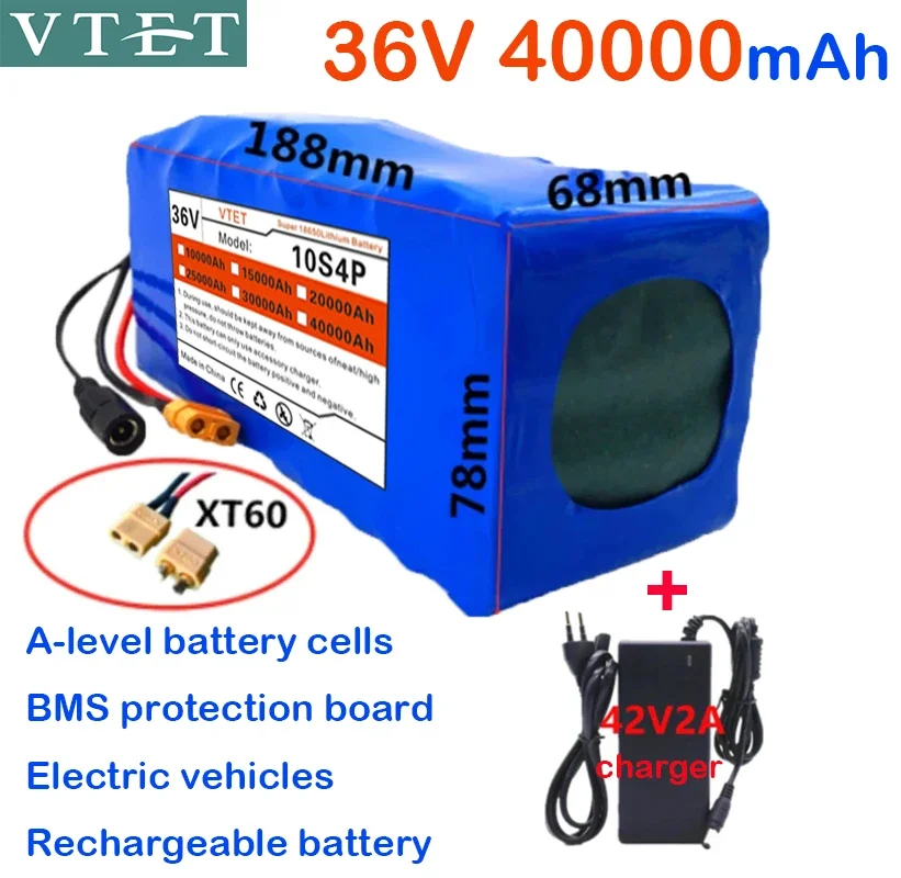 

2024 Interface 36V Battery 10S4P XT60 40Ah Battery Pack 1000W High Power Battery 36V40000mAh Electric Bicycle BMS + 42v Charger