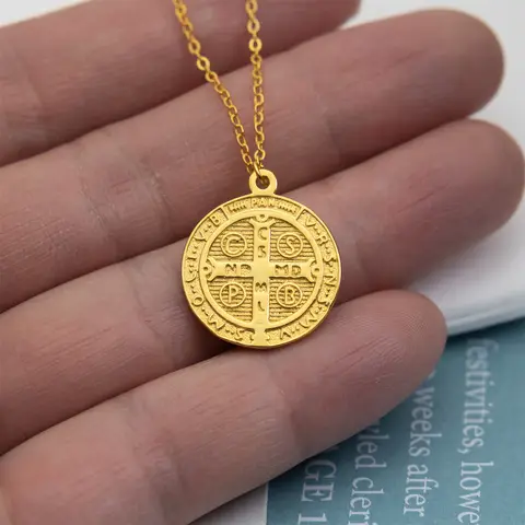 Gold Color Sterling Silver 925 San Benito Medal Round Pendant Necklace for Girls Women Lady Religious Saint Benedict Exorcism