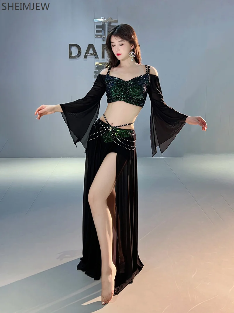 New Sequined Mesh Belly Dance Costume For Women Long Sleeves Top+gauze Long Skirt 2pcs Training Set Belly Dancing Stage Outfit