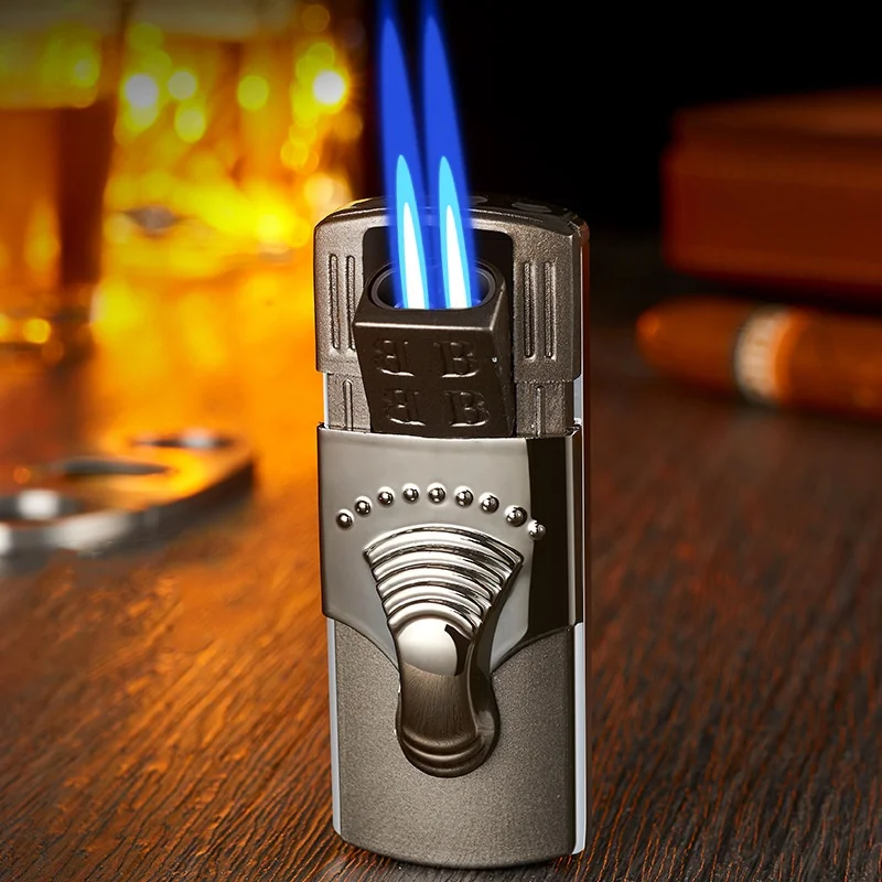 Portable Metal Windproof Double Jet Flame Butane Gas Cigar Lighter High Temperature Resistance Hidden Ignition Nozzle Lighter