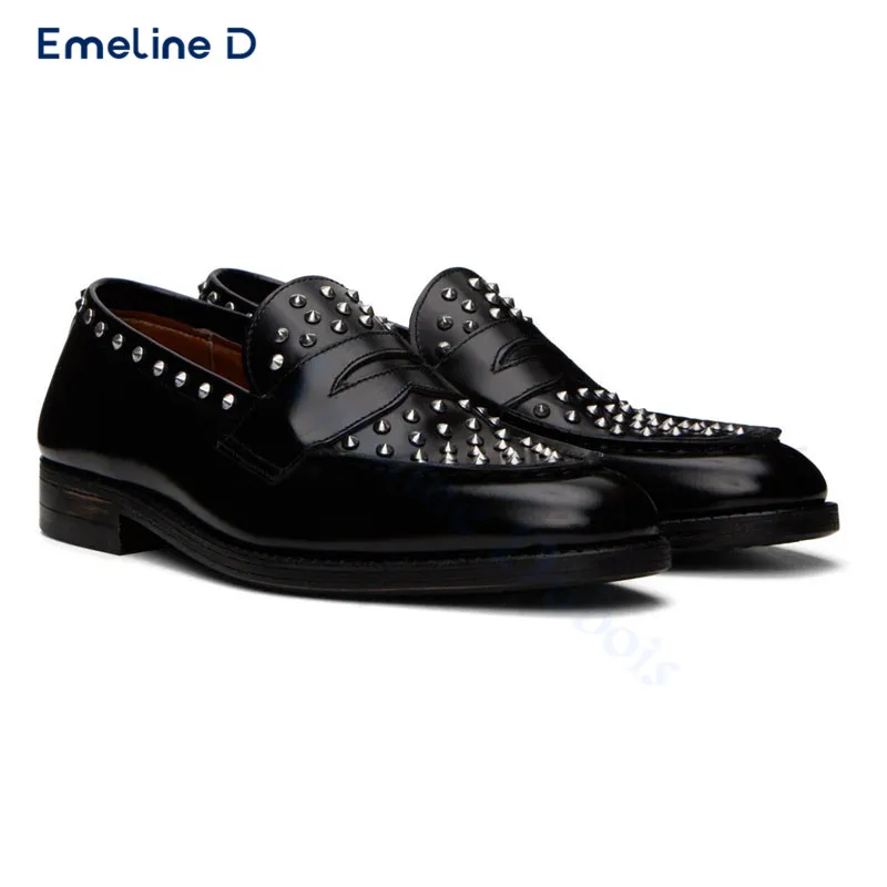 

Personalized Studded Black Loafers Fashionable Slip-On Leather Casual Shoes Large Size Daily Business Formal Leather Shoes