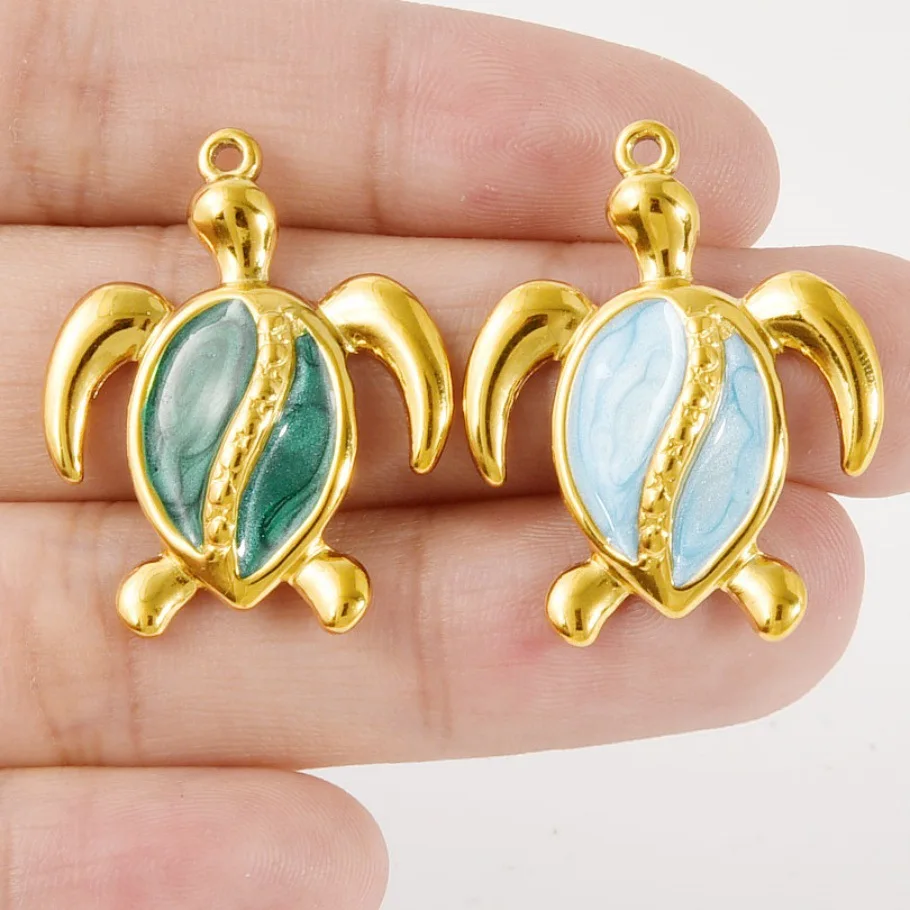 

5pcs Blue/Green Enamel Stainless Steel Turtle Pendant For Jewelry Making Supplies Marine Animal Charm Handmade Sea Accessories