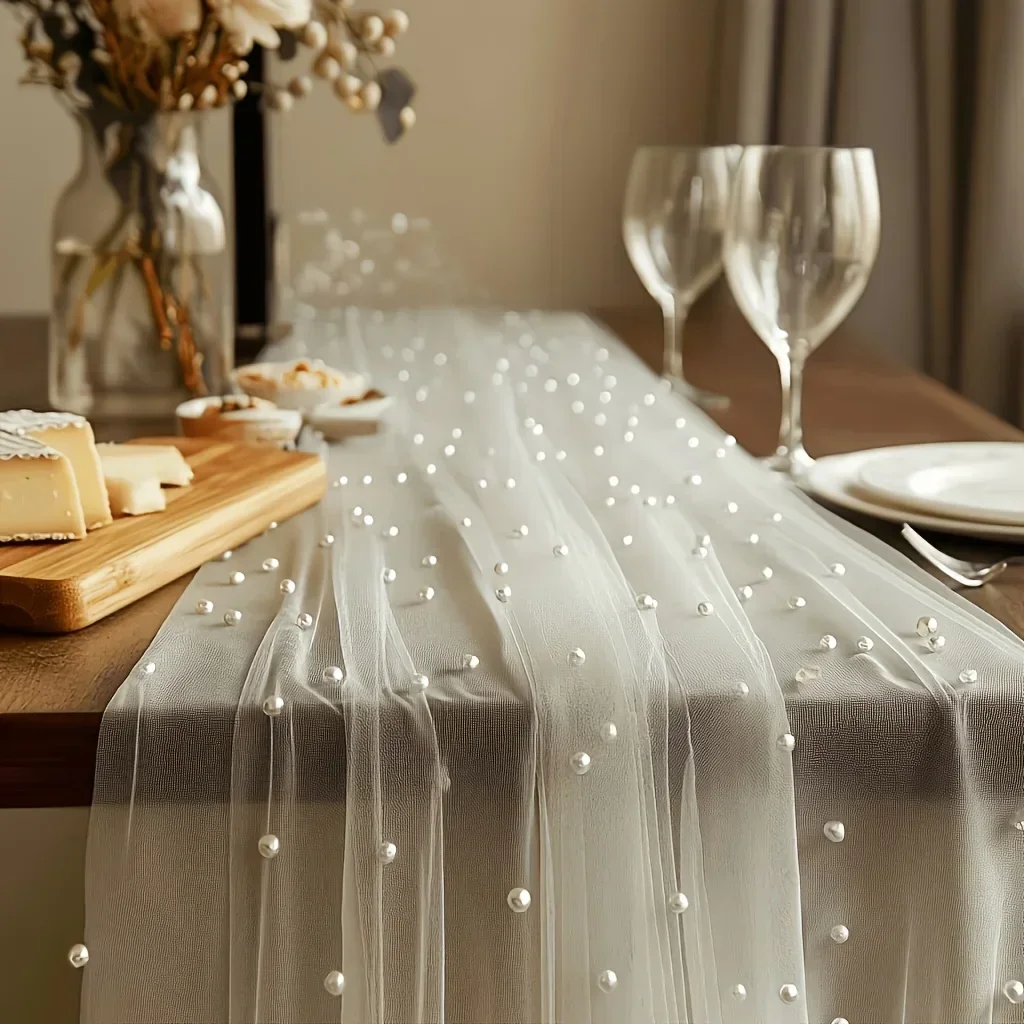 White Pearl Beaded Tulle 29.53x78.7inch, Romantic Fabric for Table Runner Ceremony Backdrop Home Birthday Valentine Party Decor