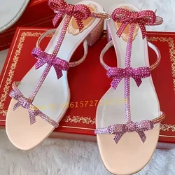 T-strap Sweet Butterfly Sandals Med Block Heels Party Luxury Summer Crystal Sandals Comfy Open Toe Women Wedding Elegant Shoes