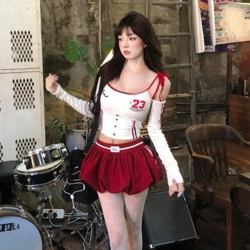 American Vintage Preppy Style 2 Piece Skirt Sets Y2k Sexy Long Sleeve Crop Top Blouse + Casual Slim Mini Skirts Sweet Suits Chic view 6