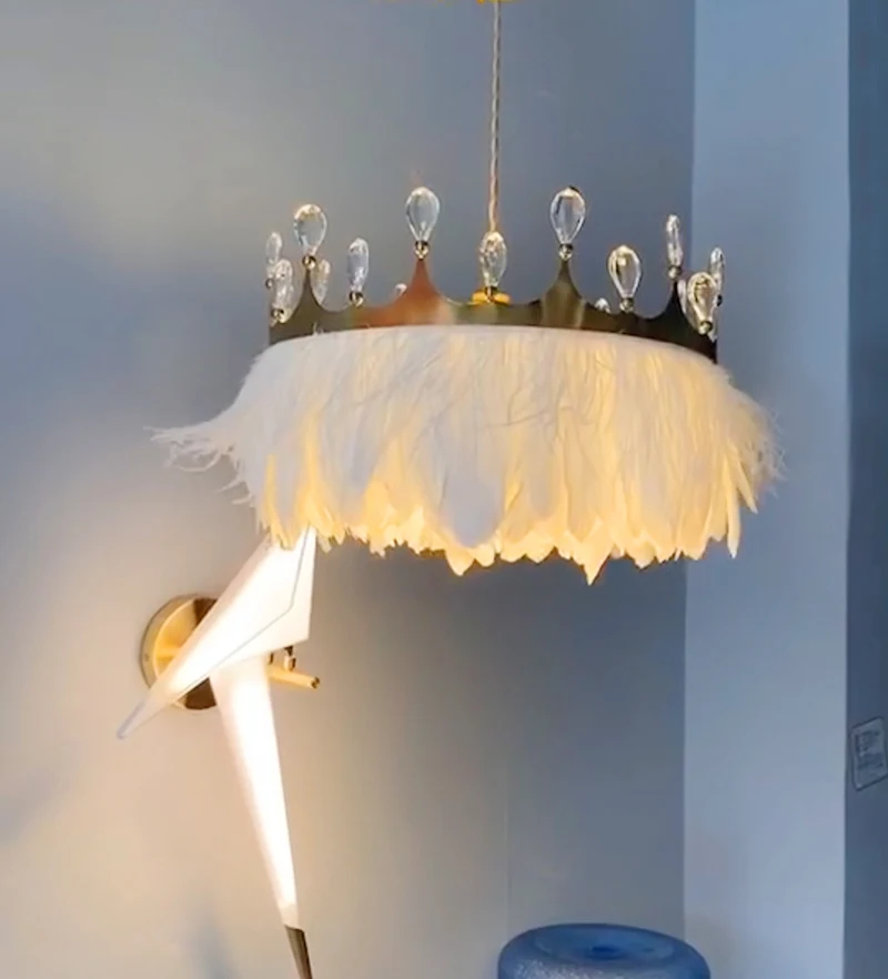 Kids Room Feather Pendant Light Crown Hanging Lamp Bedroom Crystal Nordic Wedding Luxury Modern Warm LED Lighting