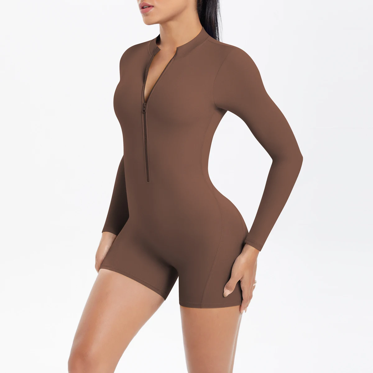 Sport-Shapewear für Damen, kurzärmeliger Einteiler mit Reißverschluss, atmungsaktiver, schnelltrocknender Sport-Yoga-Bodysuit – Detail 16