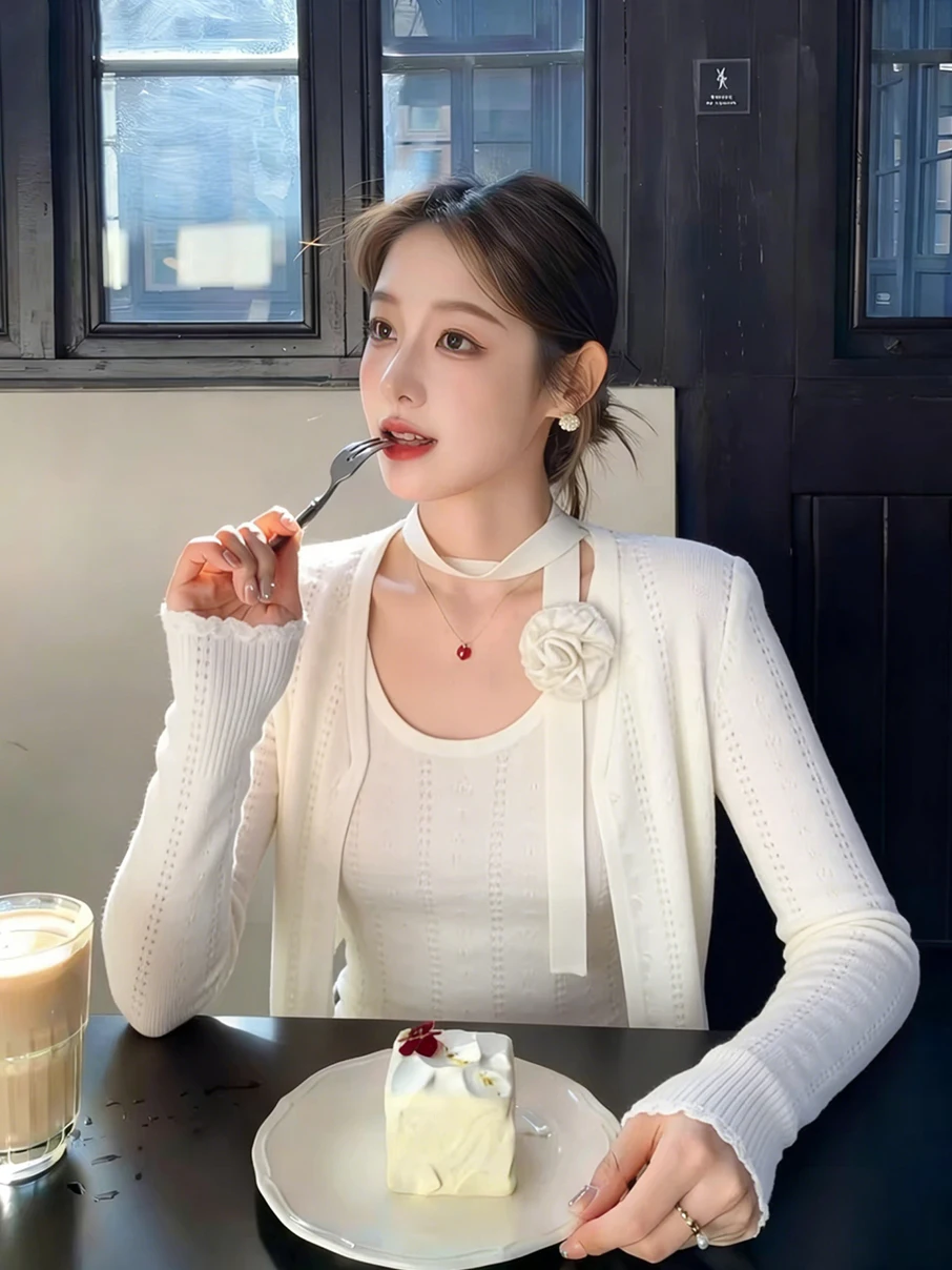 White Knitted Hollow out Cardigan with Strap Women's Summer Outerwear Unique Beautiful Top Polyester Fiber Long Sleeve Slim Fit