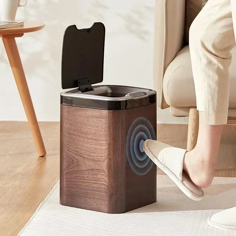 Creative and intelligent induction wooden trash can household automatic electric large trash can with cover