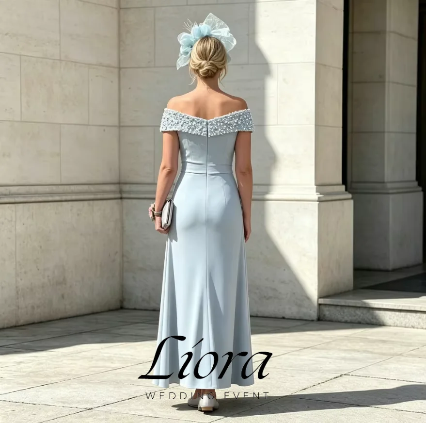 Liora Customized Blue Off Shoulder Crystal Neck Split Long Mother of Bride Dress for Wedding Crepe Sheath Gown Elegant Prom Gown