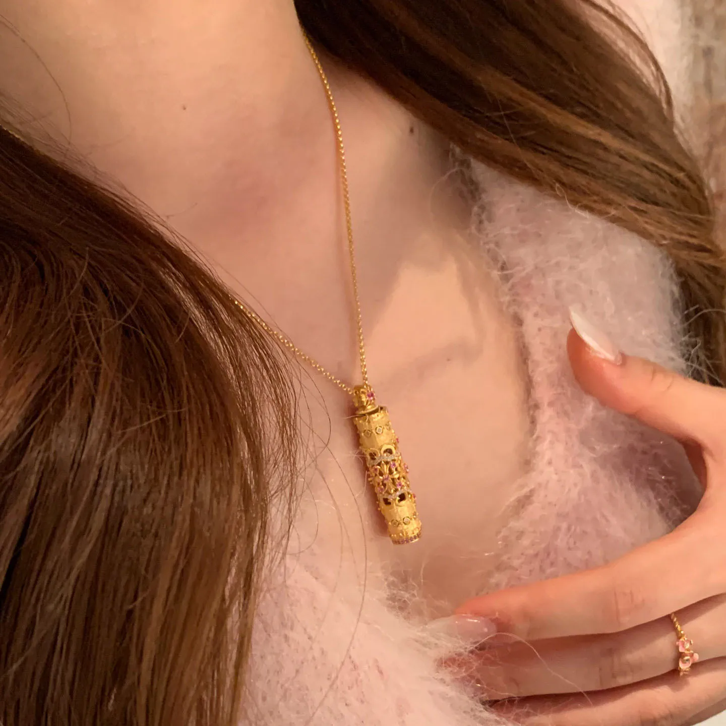 Chinese Style Lucky Magic Wand Necklace Women Gold Plated Hollow Enamel Pink Gem Inlaid Clavicle Chain Blessing Fortune Trendy