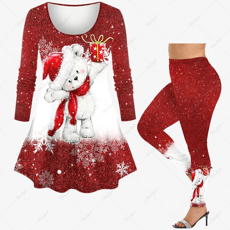 New Christmas Pattern Glitter Hat Bear Snowman Snowflake Gift Box Sequins 3D Print Long Sleeves T-shirt Or Leggings Matching Set