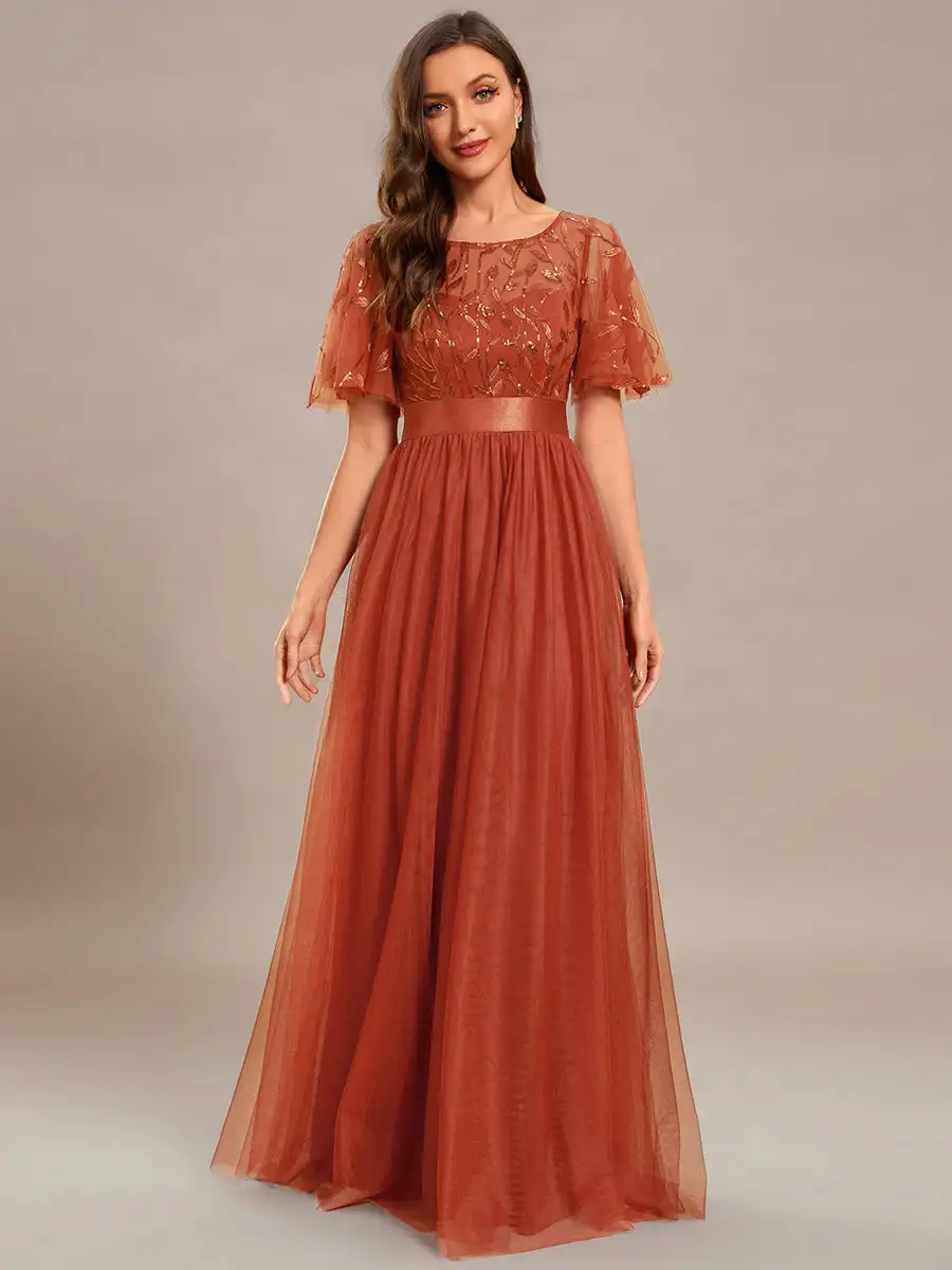 

Elegant Evening Dresses Round neck Cap Sleeve Floor length 2025 Ever Pretty of Burnt Orange Sequin Bridesmaid dress