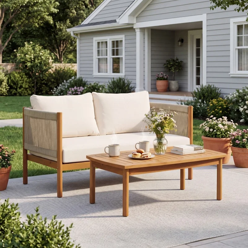 

Acacia Wood Outdoor Loveseat and Coffee Table Set, Teak Finish, Beige Rope Accents, Cream Cushions
