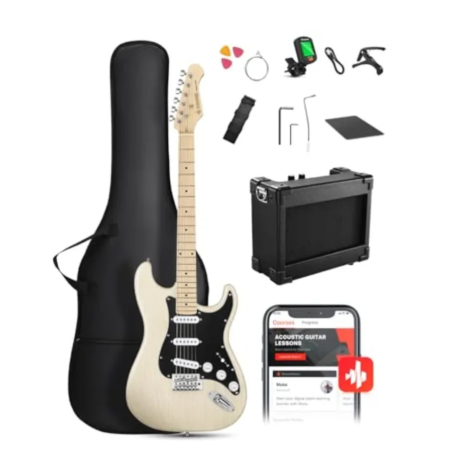 

Beginner electric guitar kit for practice and performance, bone white finish, alder body with maple neck, includes amp, gig bag