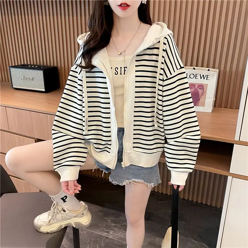 

2024 Spring and Autumn Women's New Splicing Hooded Zipper Pocket Stripe Fashion Loose Minimalist Casual Long Sleeve Sweatshirts