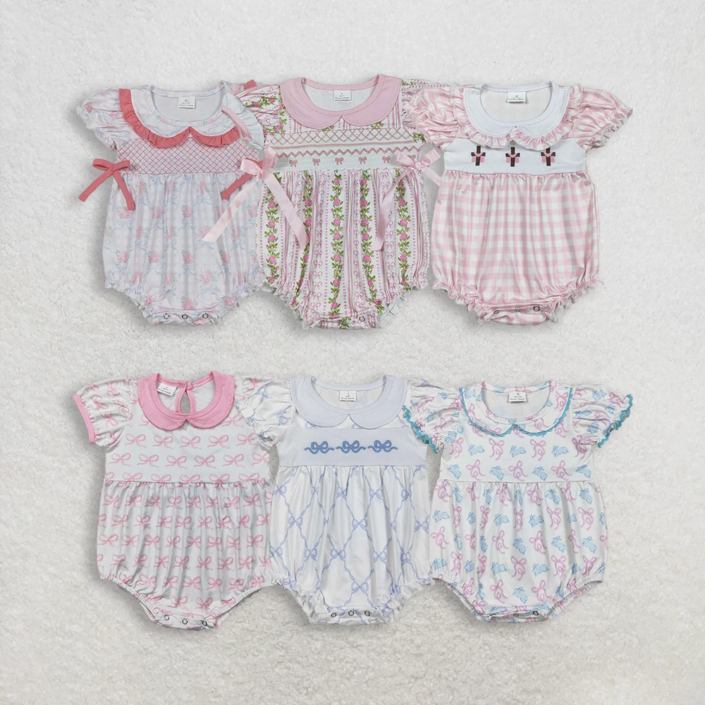 Baby Girl Sibling Embroidery Flutter Sleeves Bow Ruffle Bubble Romper Toddler Infant Jumpsuit Kids Children One Piece Wholesale