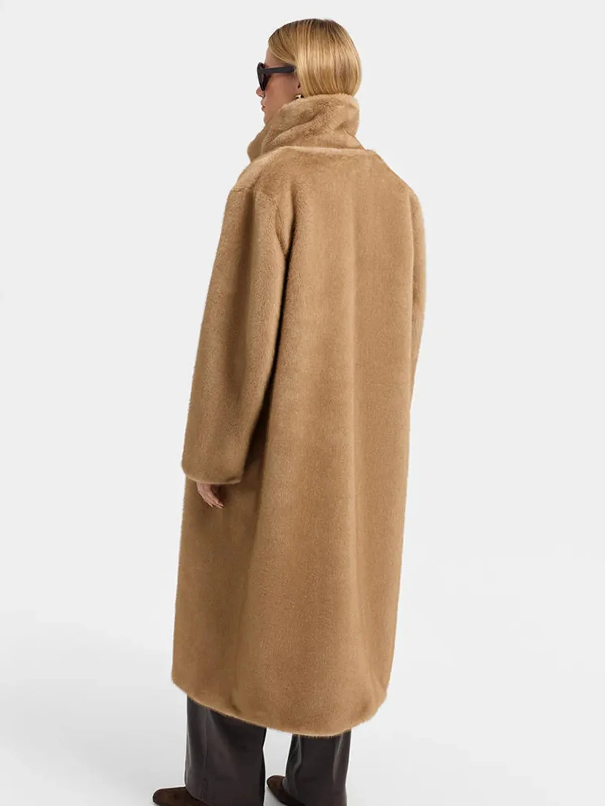 DFDG Women Faux Fur Long Coat And Top Two Piece Set Oversized Thick Plush Warm Outerwear With Matching High Neck Top For Winter