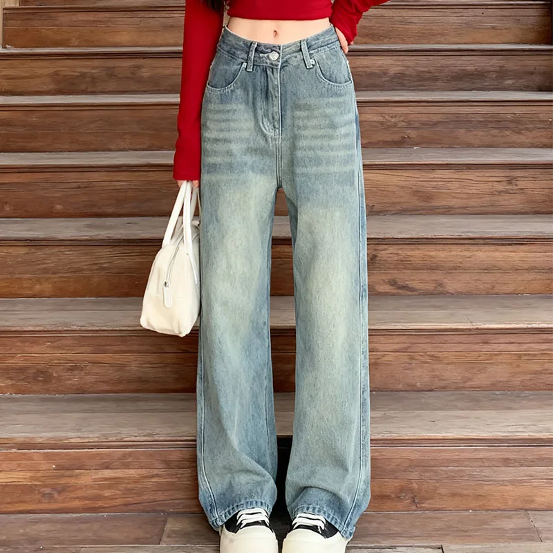 

Winter Women's Y2K Jeans American Vintage Wash DenimHigh Waist Brushed Lining Slimming Wide Leg