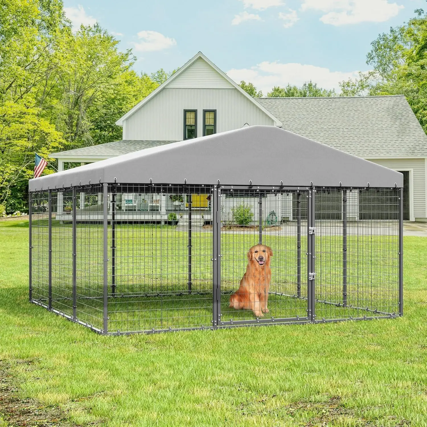 

118" L x 118" W x 70" H Heavy Duty Dog Cage,UV-Resistant Roof,Anti-Rust Outdoor Dog Fence w/Double Security Locks