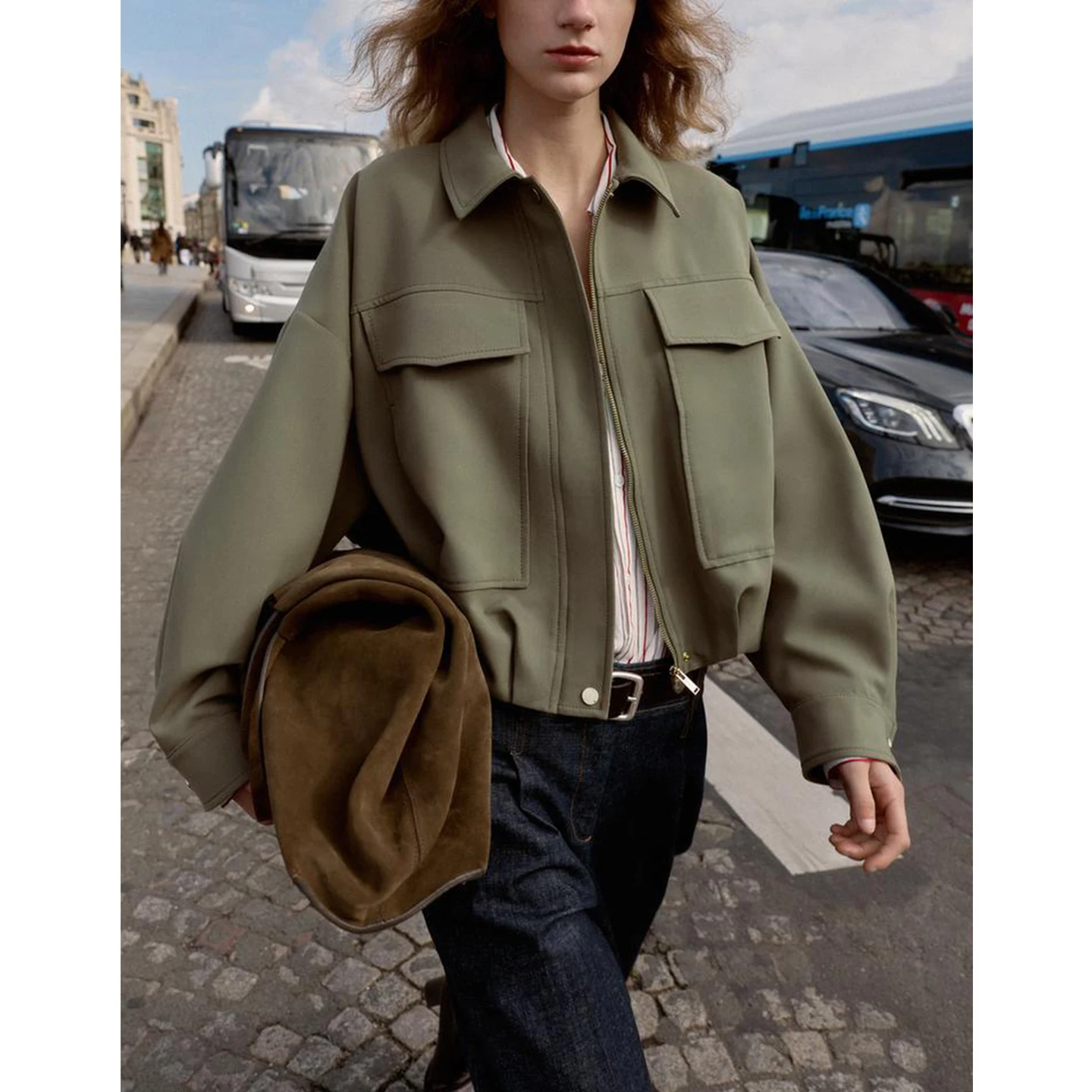 가을 겨울 신상 여성 캐주얼 아메리칸 스타일 파일럿 재킷 롱 슬리브 플리츠 밑단 루즈핏 폴리에스터 코트