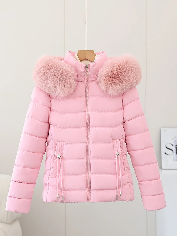 

2025 Winter Thiened ort down Cotton Jaet Women's Slim Fit Coat with Large Fur Collar Removable Hat Korean Sle