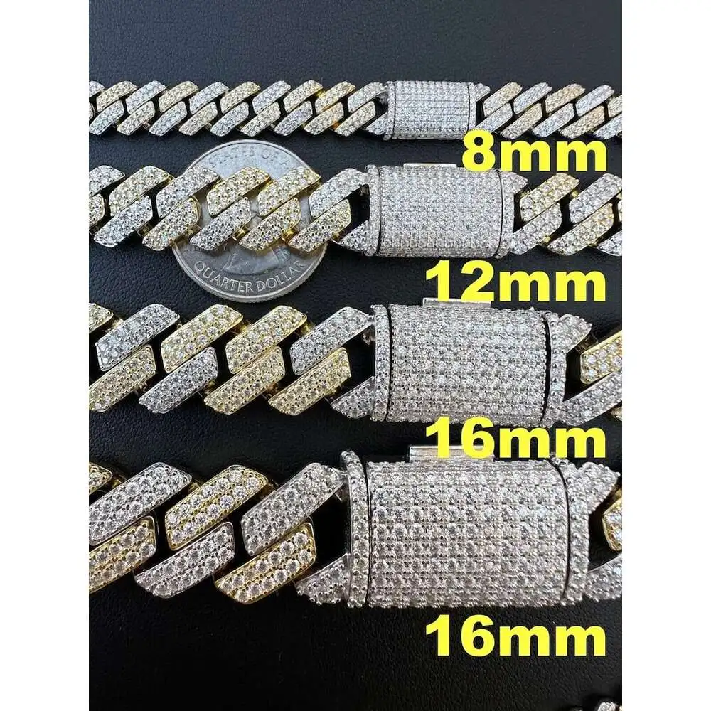 Luxury Moissanite Prong Miami Link Chain Necklace Two Tone 14k Yellow Gold Vermeil Over Solid 925 Silver Diamond Tester.