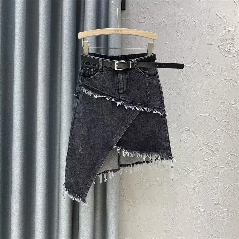 

High waisted denim skirt for women's summer 2024 new A-line patchwork buttocks wrapped mid length skirt