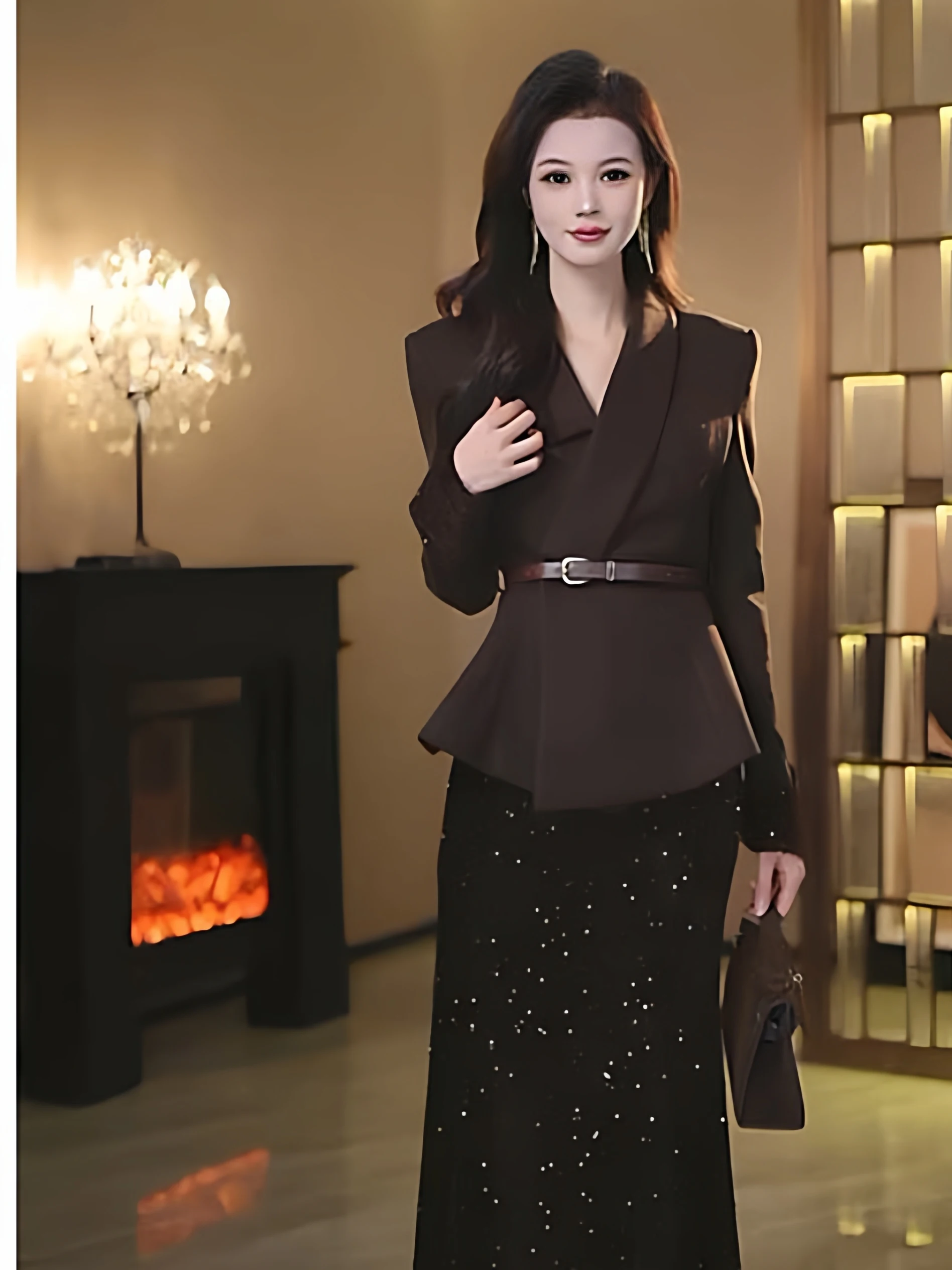 

Elegant Celebrity Outfit Shiny Sequin Skirt Two-Piece Set with Belt High Waist Business Style Long Sleeve round Neck Top