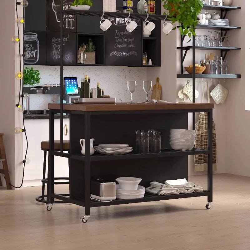 Open kitchen, mid-island table, removable cooking table, side cabinet, wrought iron solid wood locker