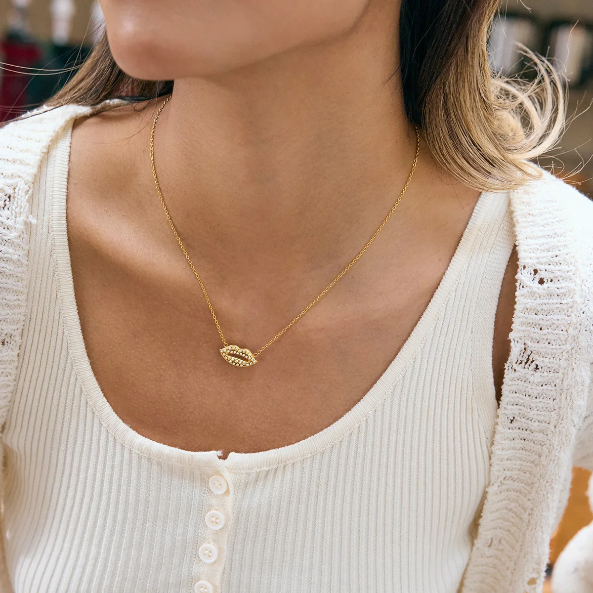 Ars Gold Plated Lip Pendant Necklace with Zircon Minimalist Stainless Steel Chain Necklace for Women Dainty Stacking Necklaces