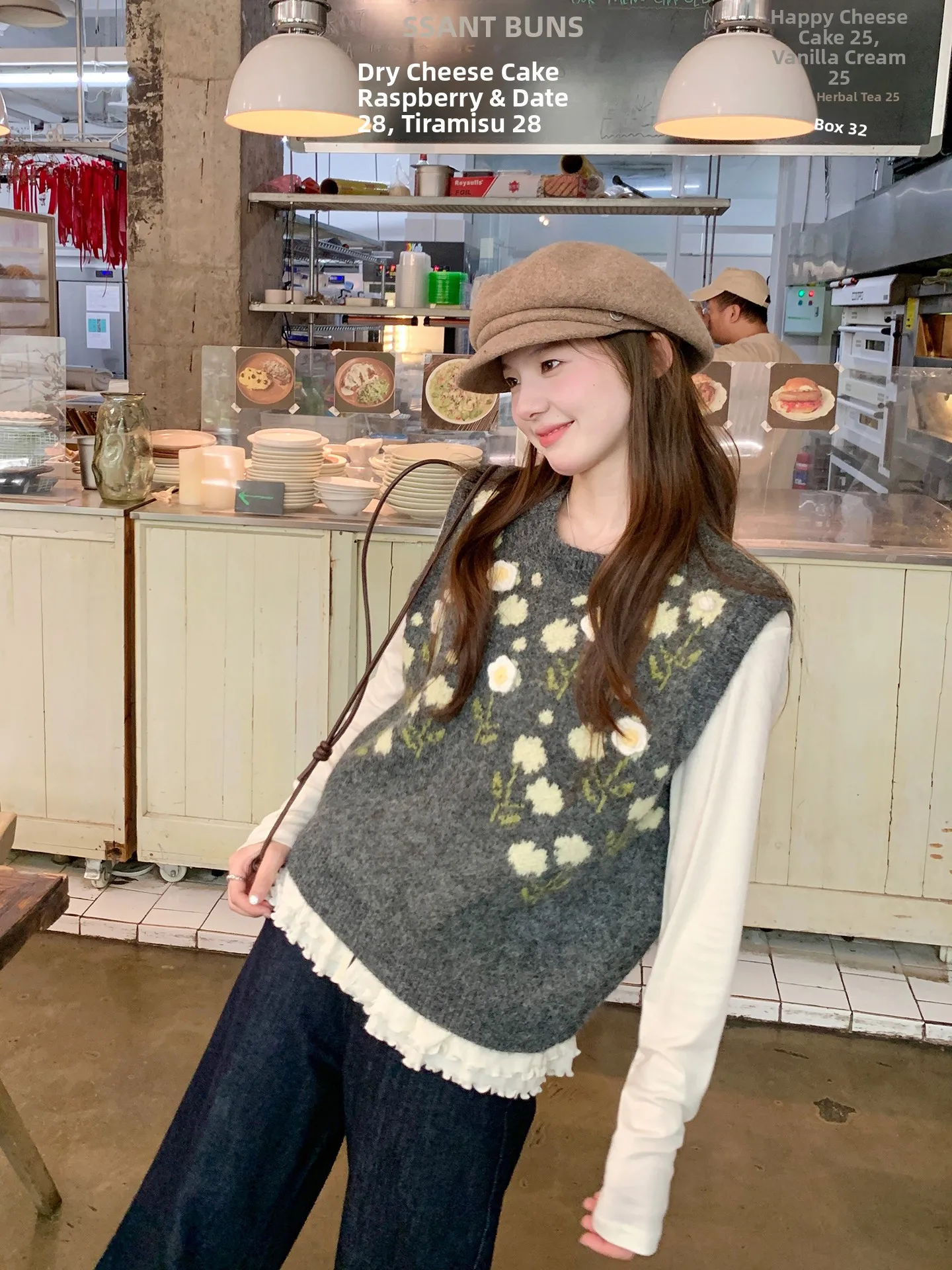 

Cheese Rabbit Svel Knitted Vest Women's Loose round Ne 3D Flower Decoration Thermal Top Faionable Commute Sle