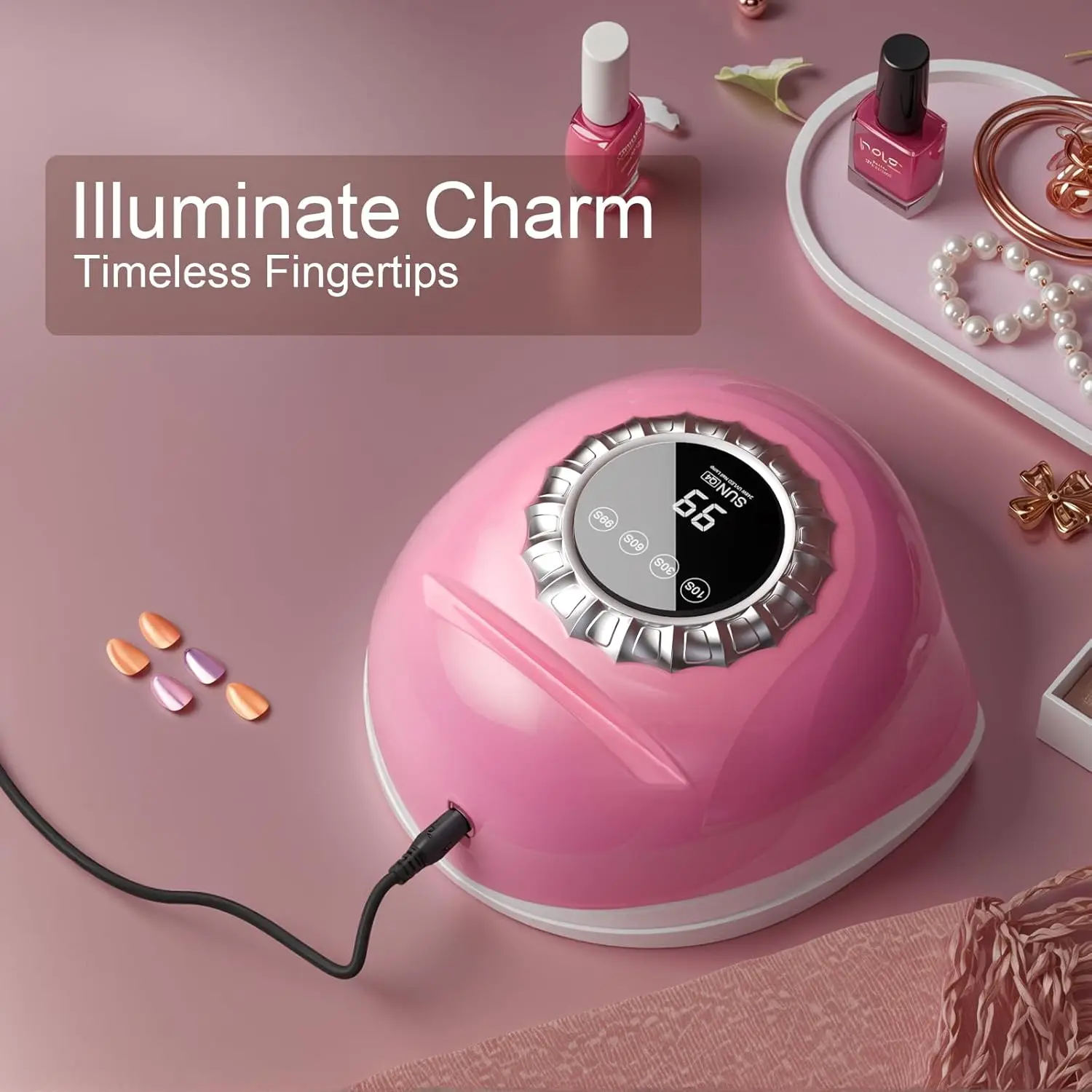 مصباح أظافر LED وردي بالأشعة فوق البنفسجية مع شاشة تعمل باللمس، 4 مؤقتات، قاعدة قابلة للفصل وخرز ضوء مزدوج - علاج جل سريع
