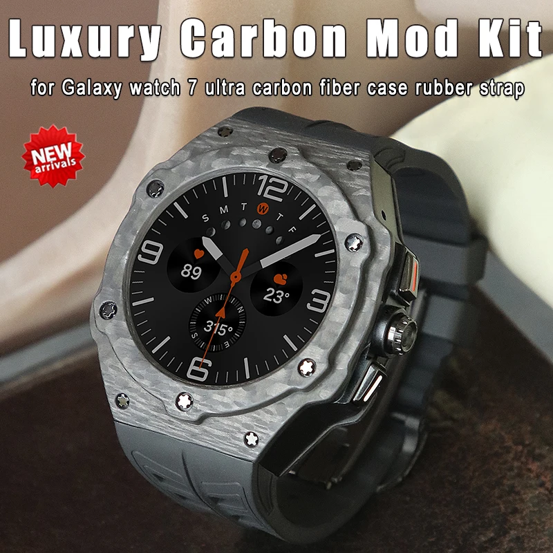 Carbon Fiber Case Modification Kit for Samsung Galaxy Watch 7 Ultra 47mm Luxury Case Fluororubber Strap for Galaxy Ultra Mod Kit