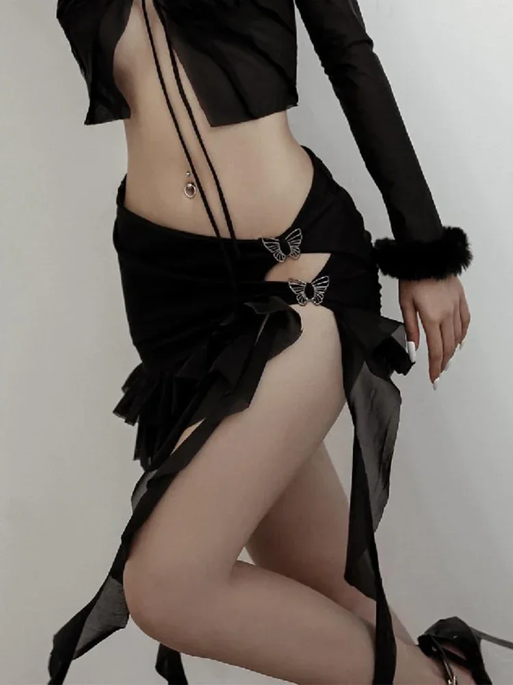 

Sexy High-waist Split Hip Hollow Out Skirt Y2K Metal Butterfly Black Ruffles Skirt Summer Slim Night Club Mini Dresses