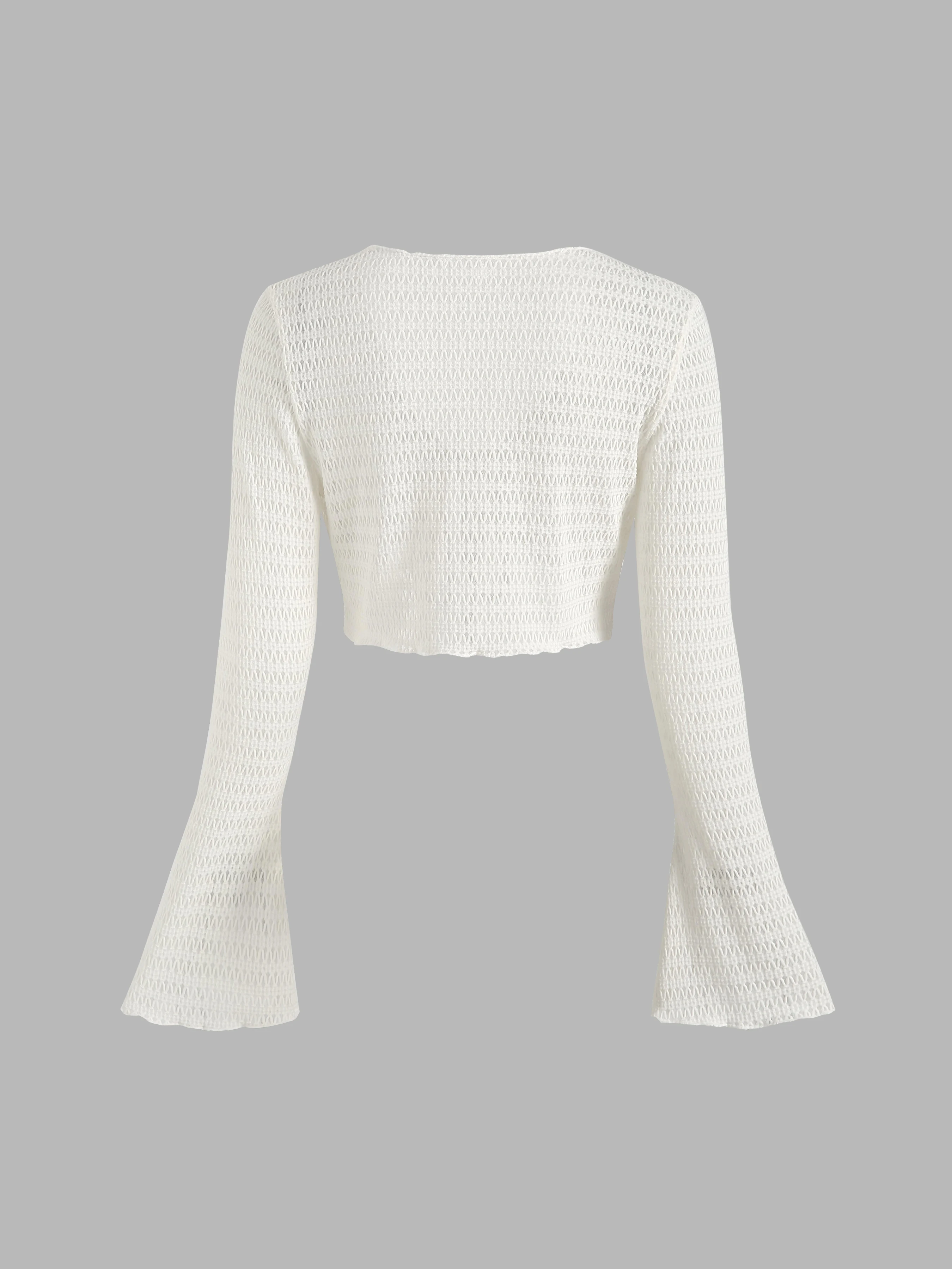 เสื้อสเวตเตอร์ถักแบบตาข่ายสำหรับผู้หญิงเสื้อครอปแขนยาวผูกด้านหน้าแบบเซ็กซี่