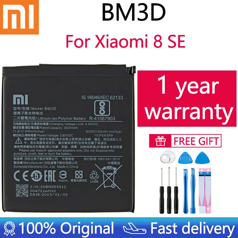 

Xiao Mi Original Phone Battery BM3D 3020mAh for Xiaomi Mi 8 SE High Quality Replacement Batteries Retail Package Free Tools