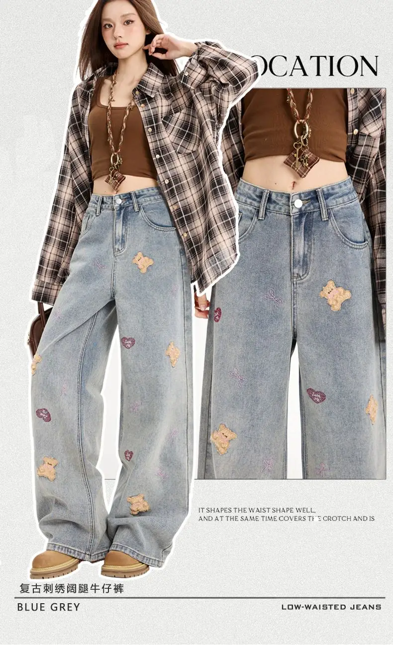 Y2k calças jeans soltas femininas casuais confortáveis retro bordado urso perna larga calças jeans streetwear moda