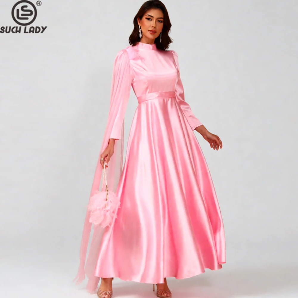 Damska sukienka maxi z satyny w kolorze pudrowego różu, długa suknia z wysokim dekoltem i odpinanym, błyszczącym tiulowym płaszczem, elegancka sukienka wieczorowa.