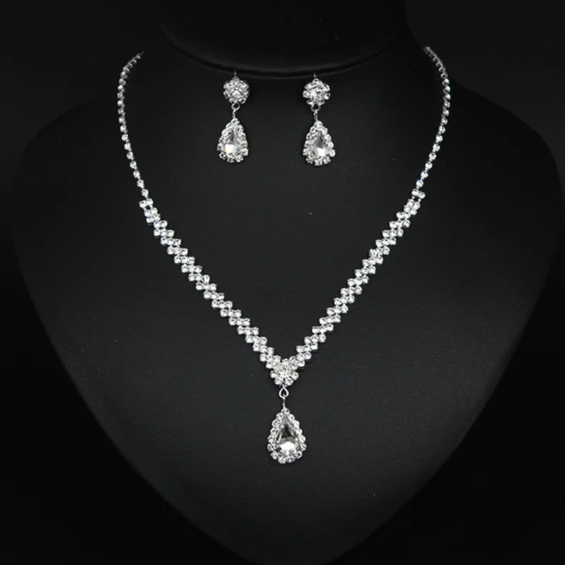 

Korean fashion multi-purpose diamond-dotted waterdrop necklace and earrings set - elegant women's simple accessories for banquet
