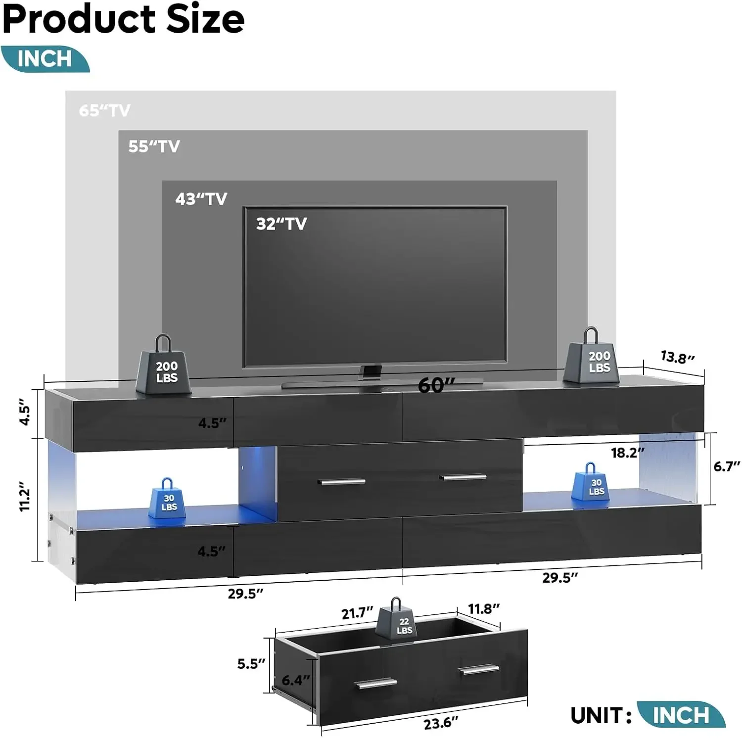 Black 60 Inch Modern TV Stand, LED Entertainment Center with Drawer | Fits up to 65 in TV, High Gloss with Stone Pattern, Large