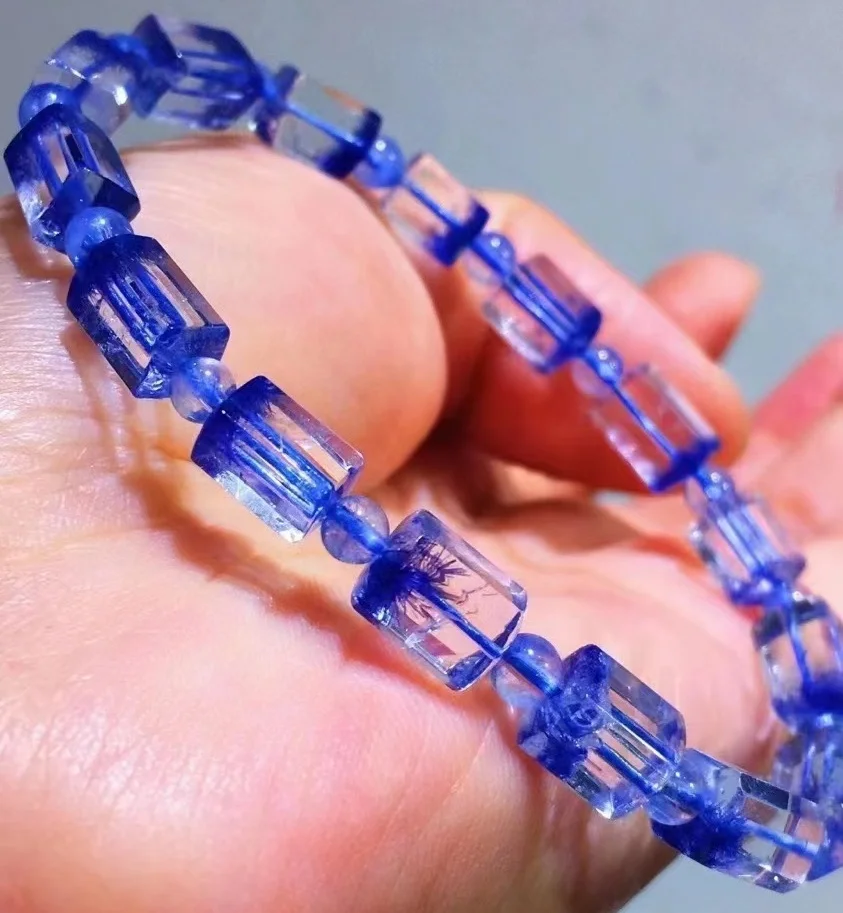 

Natural Blue Rutilated Dumortierite Quartz Bracelet Jewelry 9.7x6.8mm Women Cat Eye Clear Round Beads Rare Stone AAAAA