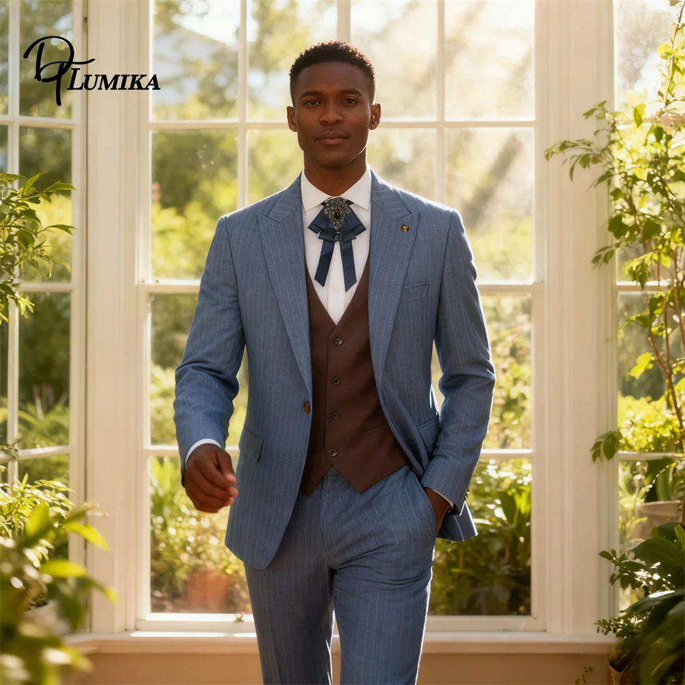 

DTLumika High Quality Stripe Suit for Men, Formal Business 3-Piece Suit Set, Dinner Jacket Vest Pants Actual Photo