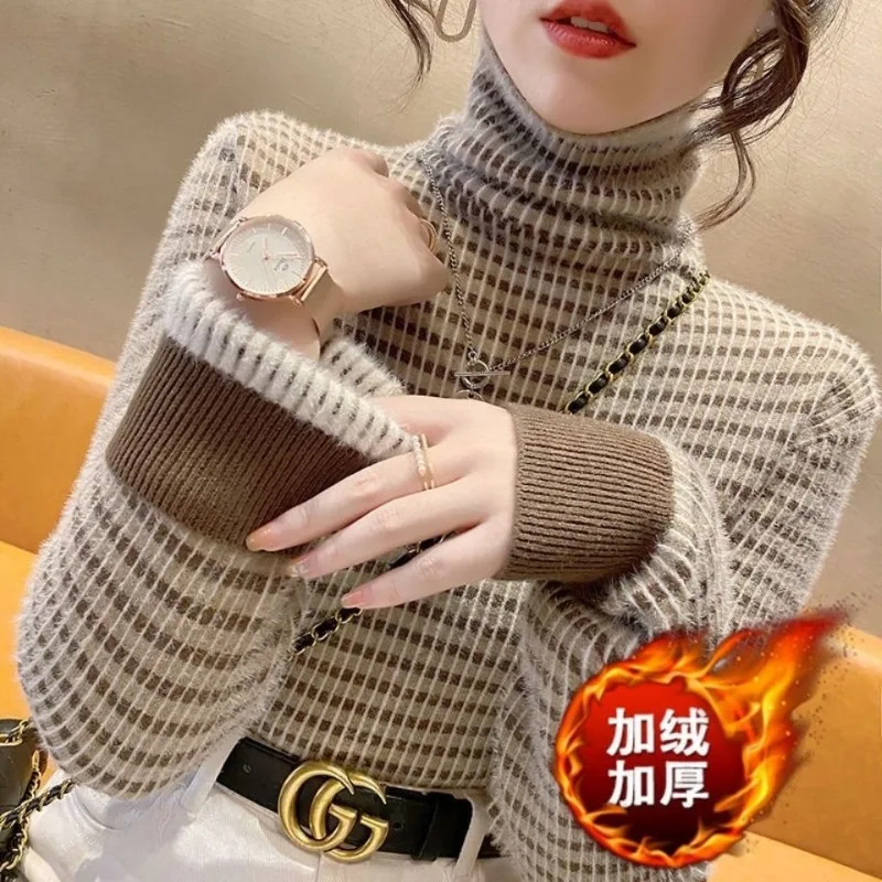 Autumn and Winter Women\'s Contrast Striped Turtleneck Long Sleeve Slim Pullover Fleece Sweater Fashion Casual Office Lady Tops