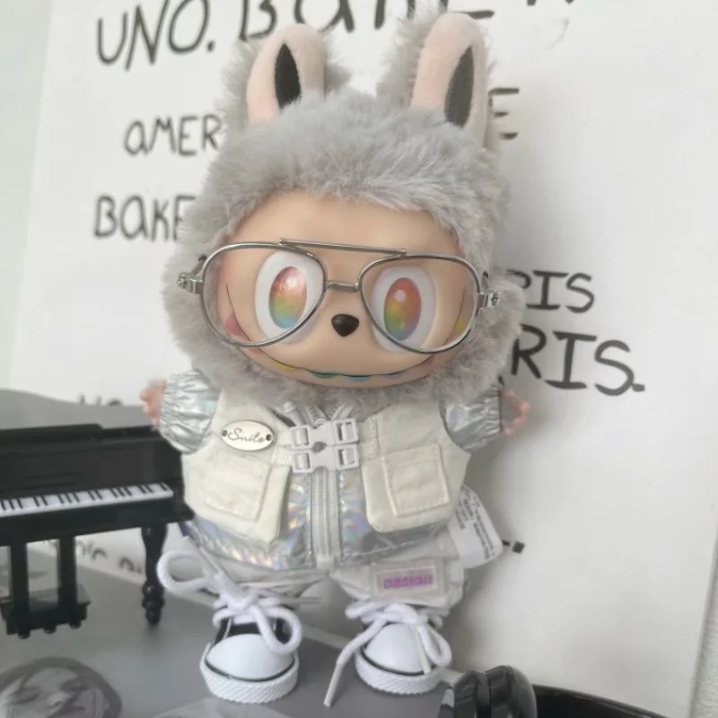 Labubu 3.0 Vinyl Doll Cool Silver Vest Fake Two Piece Outfit Headphones Metal Glasses Canvas Shoes Set Hanging Keychain Decor