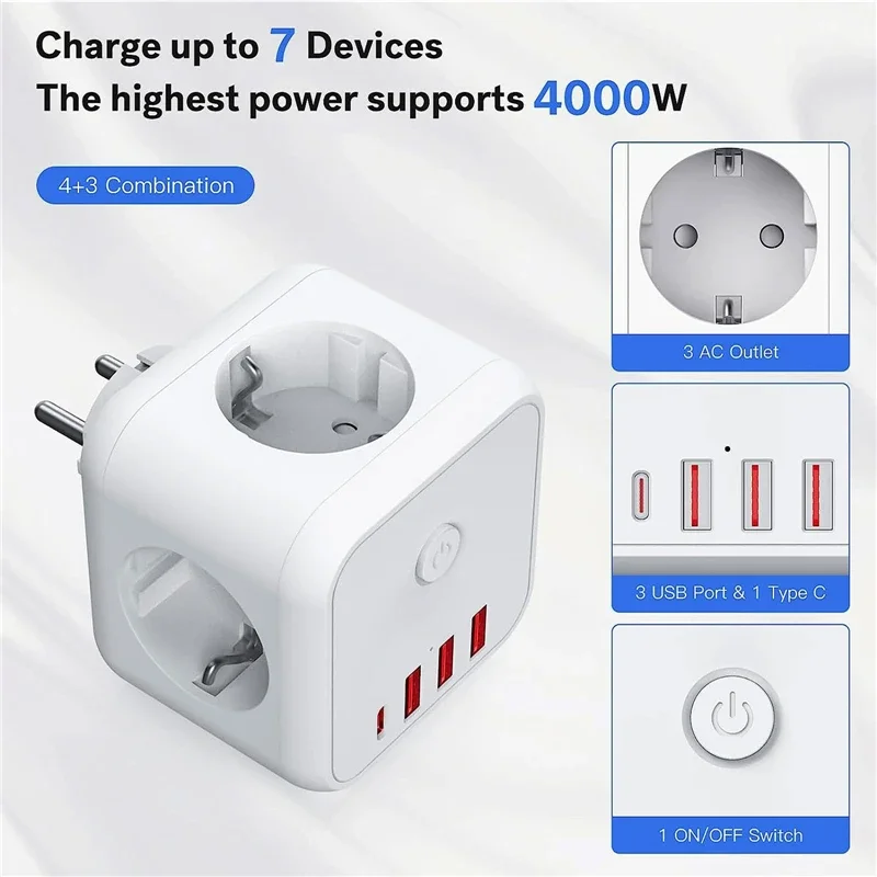 7-in-1 EU Flat Plug Power Strip Cube Multiple Socket With USB Port + 3 AC Outlets + 1 Type-C German Standard,European Standard
