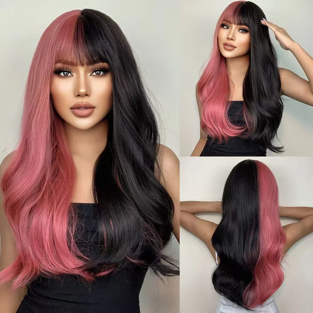 

Highlight Multicolor Wig Soft Long Curly Wig Red Mix Brown Wig 26 Inch Synthetic Heat Resistant Fashion Wig With Bangs For Women