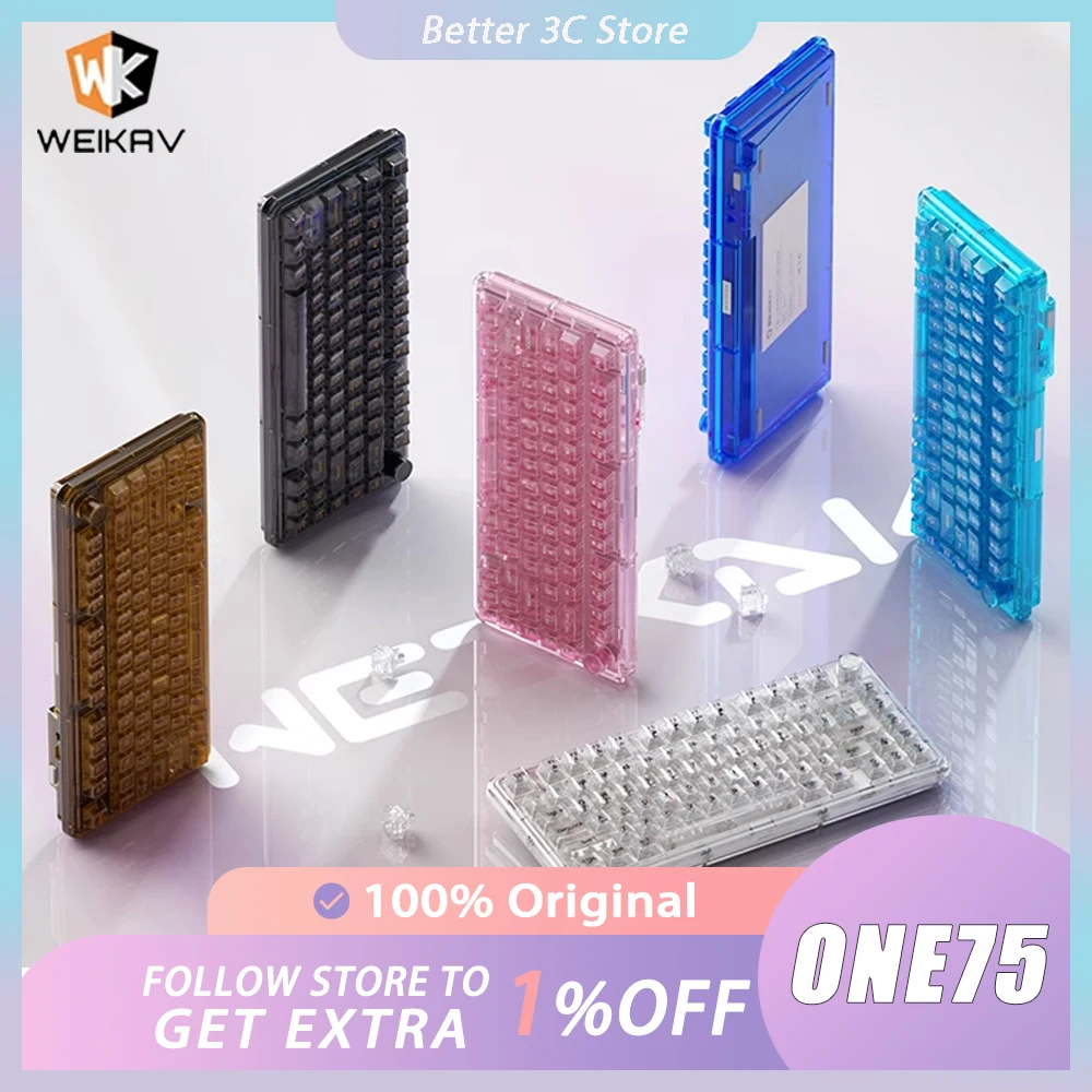 Weikav One75 Mechanical Keyboard Multifunctional Knob Three Mode Transparent Wireless Keyboard RGB Custom Gasket Gaming Keyboard